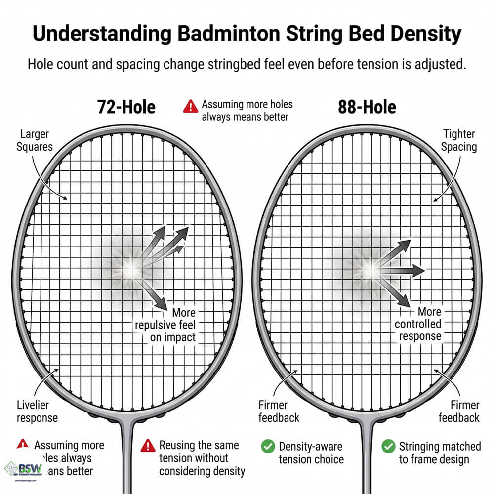 Certified stringer explaining string bed density and hole patterns to a player