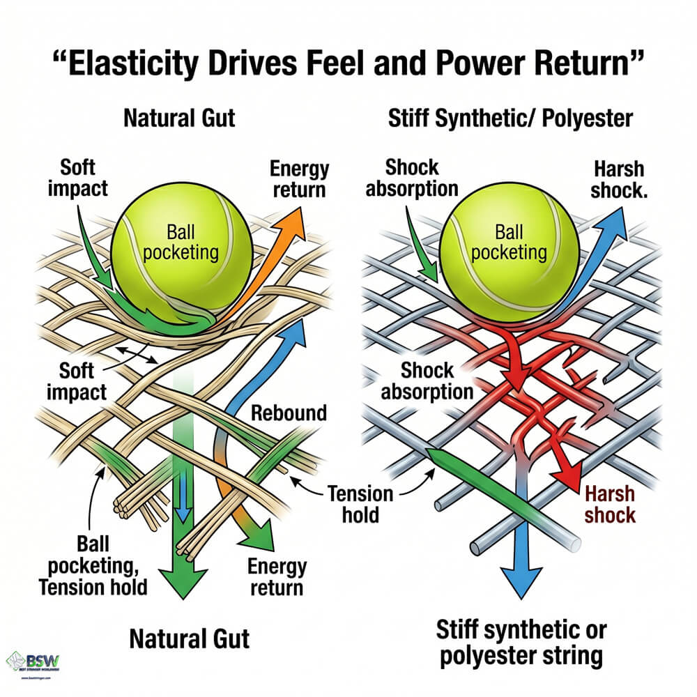 Certified stringer explaining string elasticity and tension maintenance for natural gut