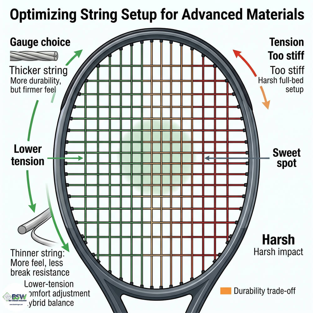 Certified stringer explaining string gauge and tension basics for stiff tennis strings like Polyester