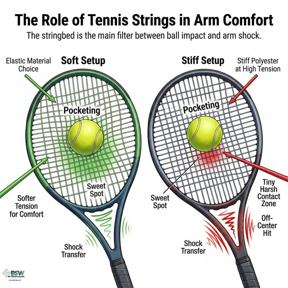 Certified stringer explaining string materials and arm comfort comparison for tennis elbow management