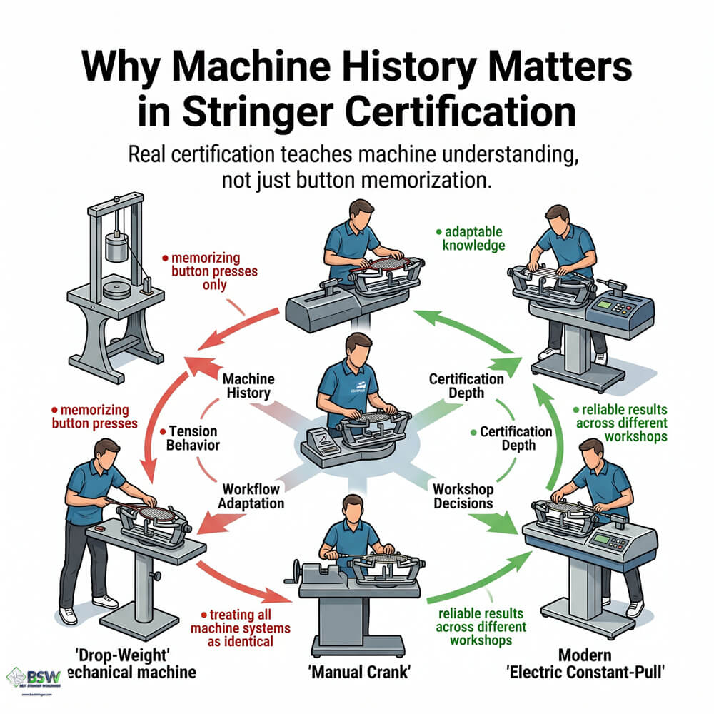 Certified stringer learning machine evolution during a badminton stringing course