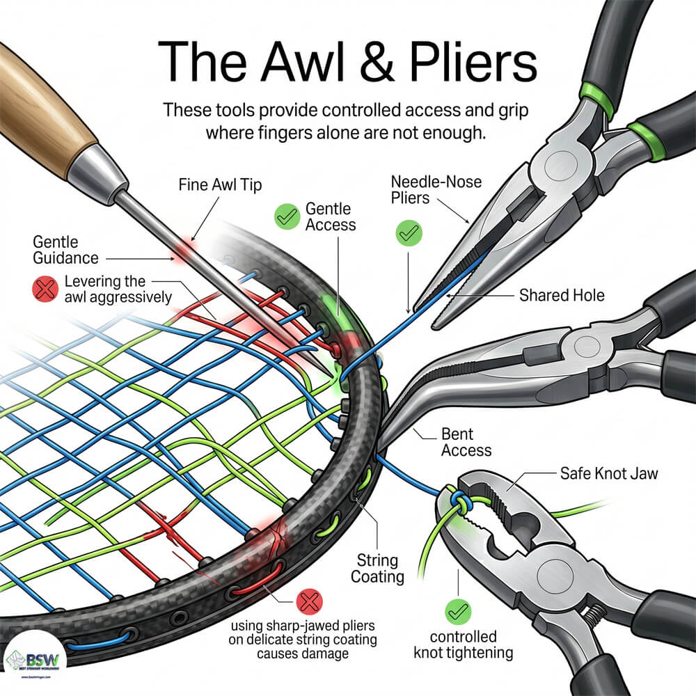 Certified stringer learning racquet stringing tools