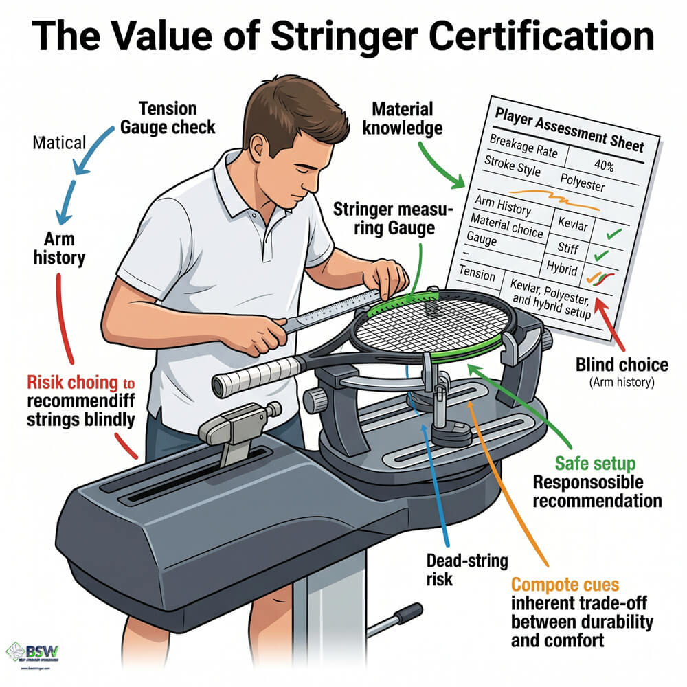 Certified stringer providing consultation on advanced tennis string materials like Kevlar and Polyester