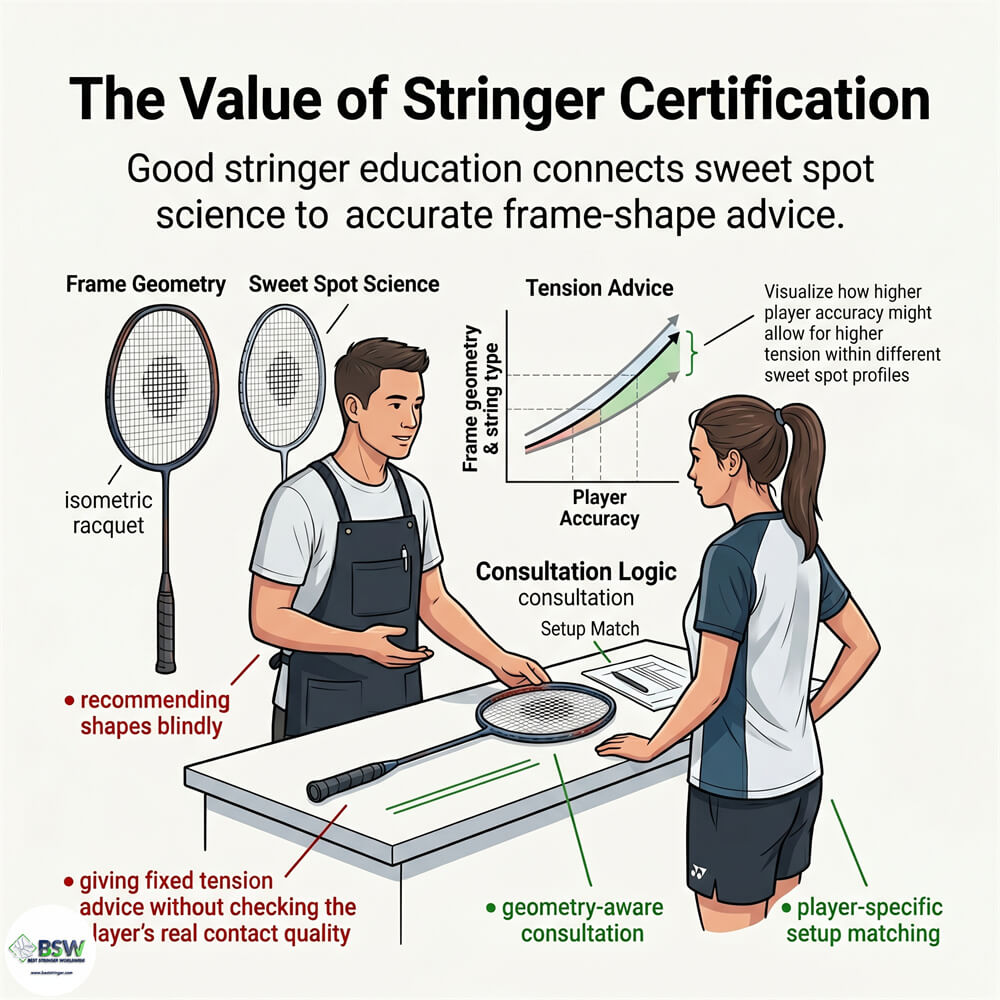 Certified stringer providing consultation on badminton racquet frame shape and sweet spot dynamics