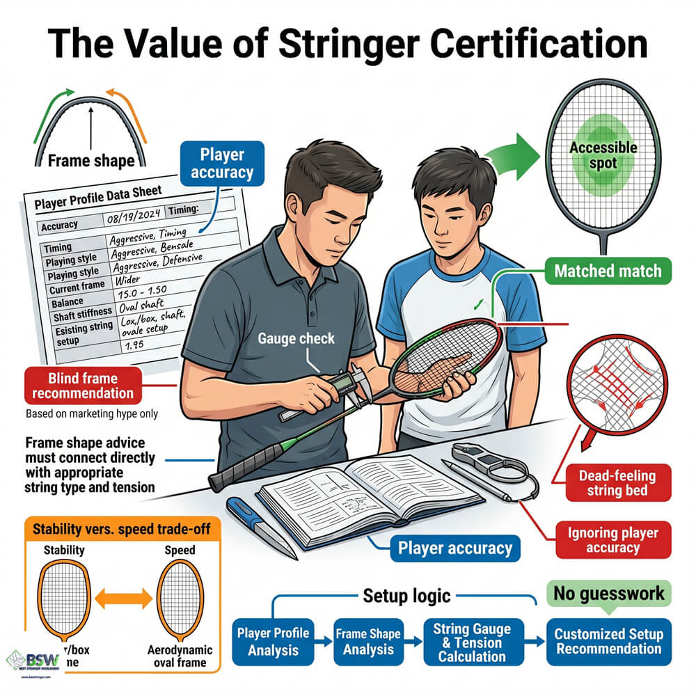 Certified stringer providing consultation on badminton racquet frame shape and sweet spot dynamics