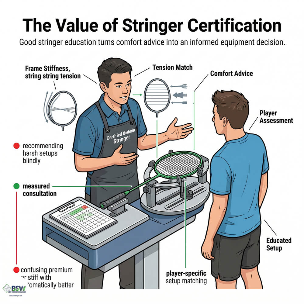 Certified stringer providing consultation on badminton racquet vibration and shock