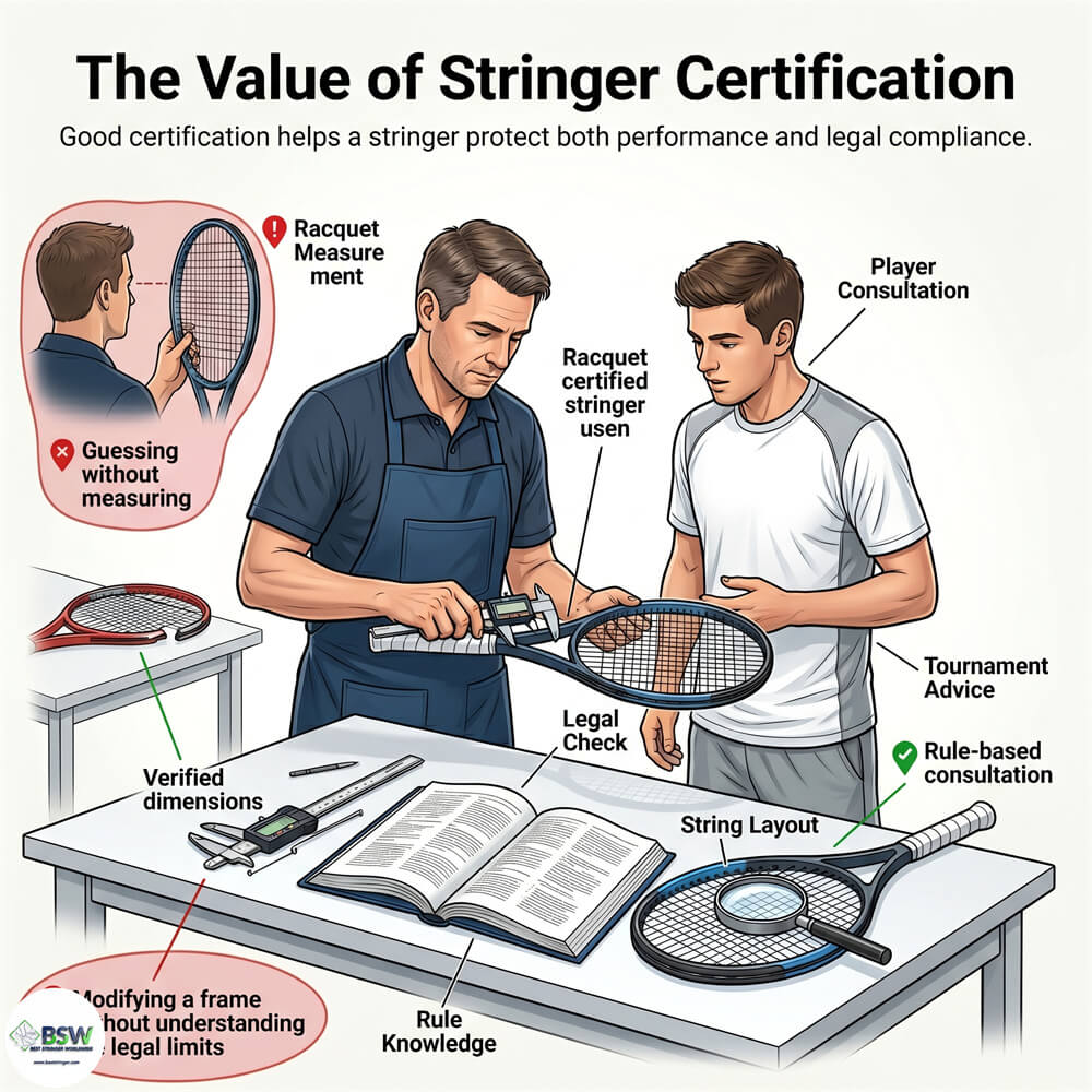 Certified stringer providing consultation on legal tennis racquet customization