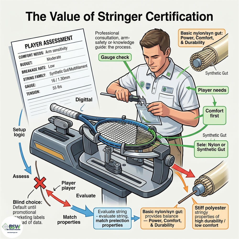 Certified stringer providing educational consultation on nylon vs synthetic gut string choices