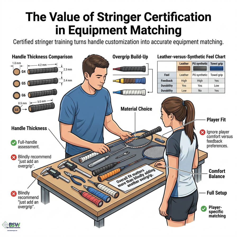 Certified stringer providing equipment consultation on badminton racquet grip sizes and handle feel