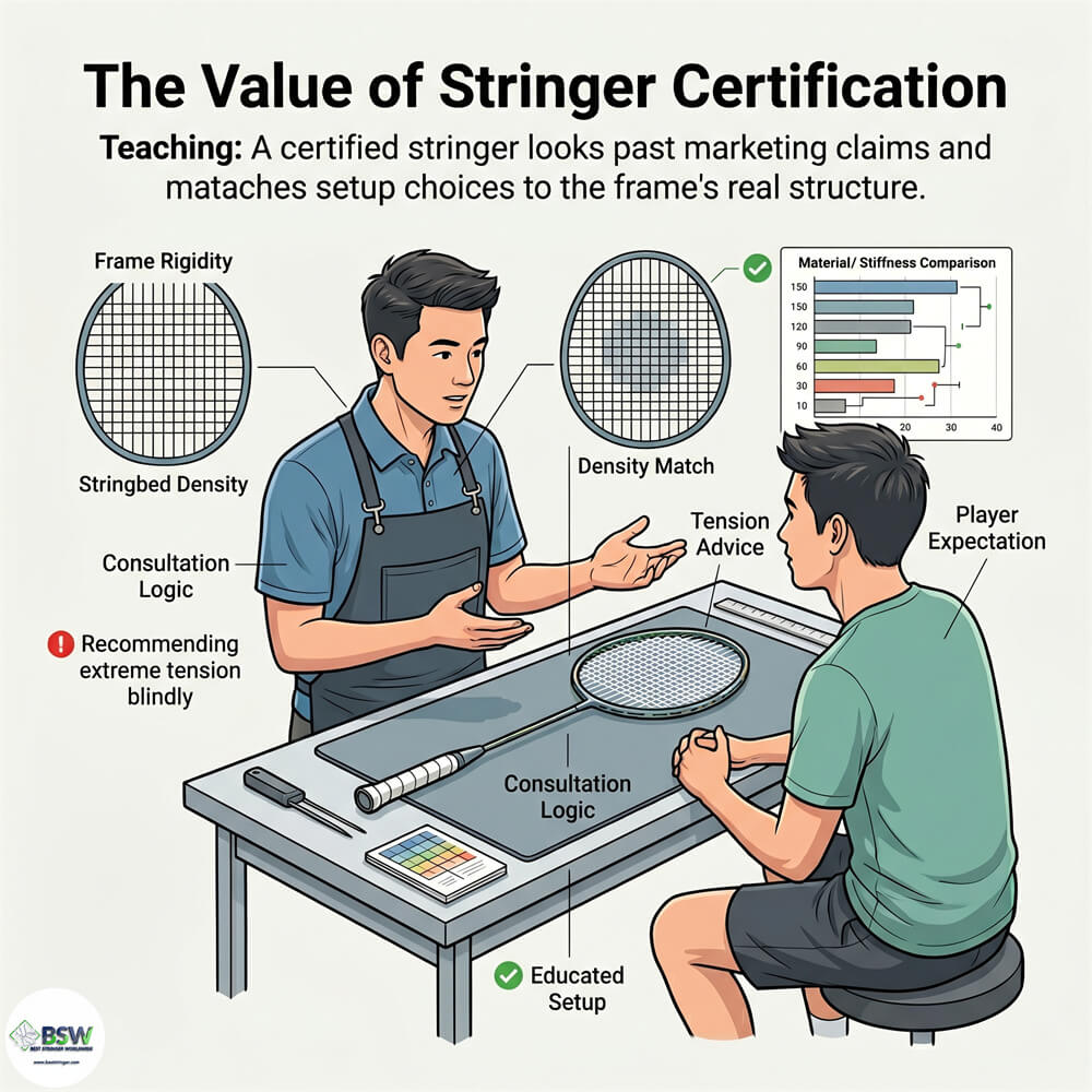 Certified stringer providing equipment consultation on frame shape, materials, and string density