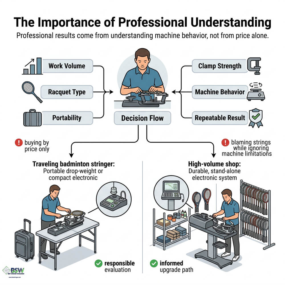 Professional stringing machine and equipment philosophy. Certified stringer providing equipment consultation on stringing machine anatomy