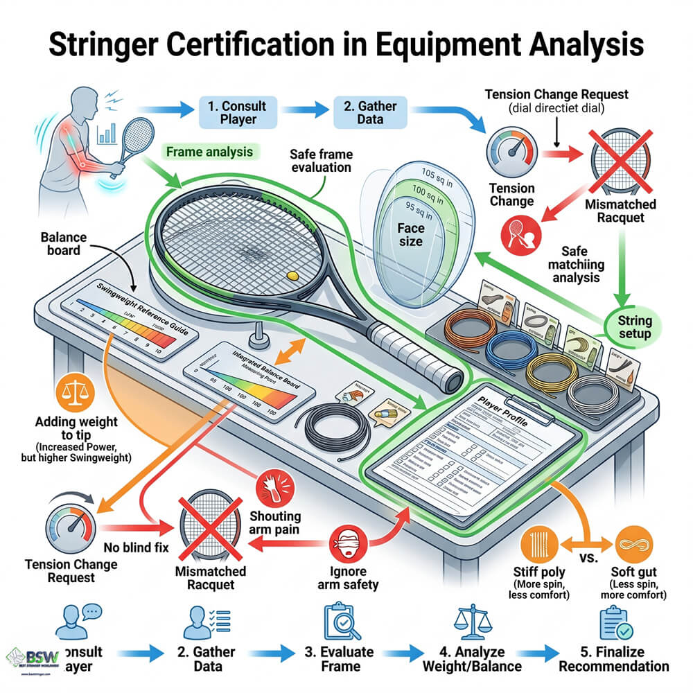 Certified stringer providing equipment consultation on tennis racquet weight and balance