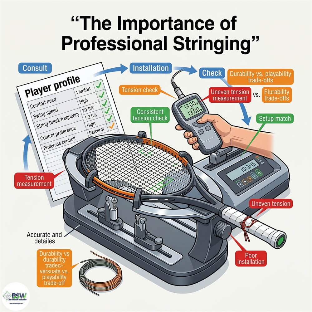 Certified stringer providing equipment consultation on tennis string structures and tension maintenance