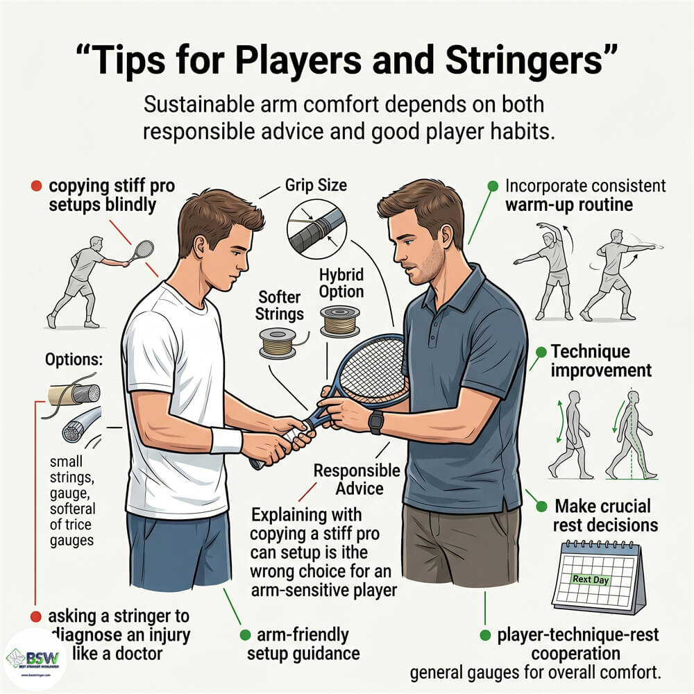 Certified stringer providing racquet setup guidance for players with elbow discomfort