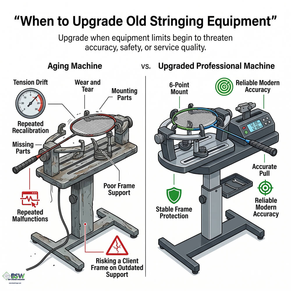 Checking stringing machine tension accuracy and frame support wear