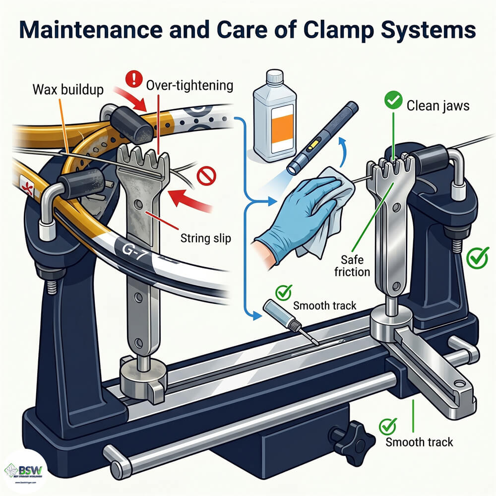 Clamp maintenance checklist for racquet stringing