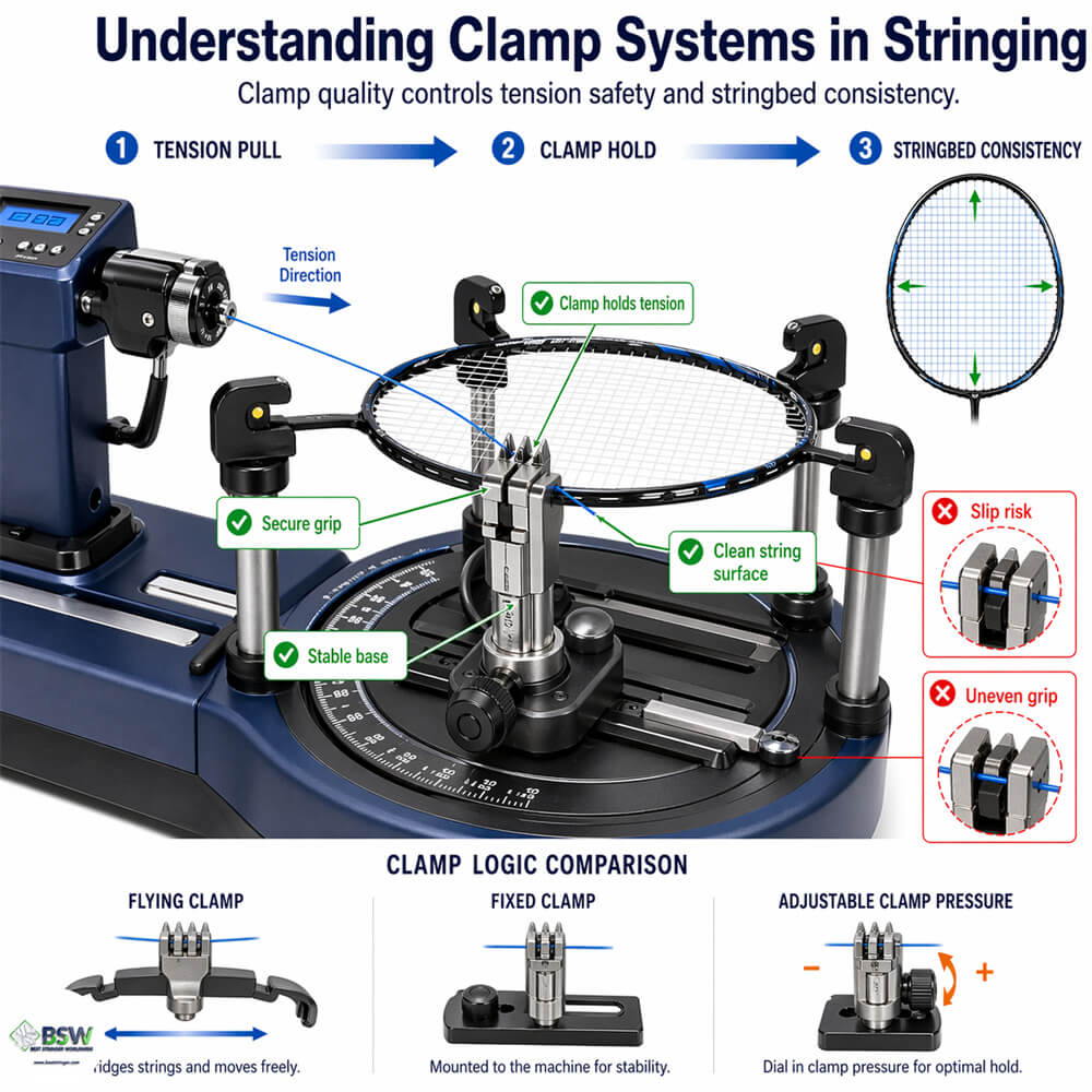 Clamp system in racquet stringing showing flying and fixed clamps