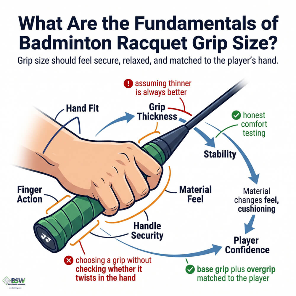 Close-up of a badminton racquet handle showing grip size and material details
