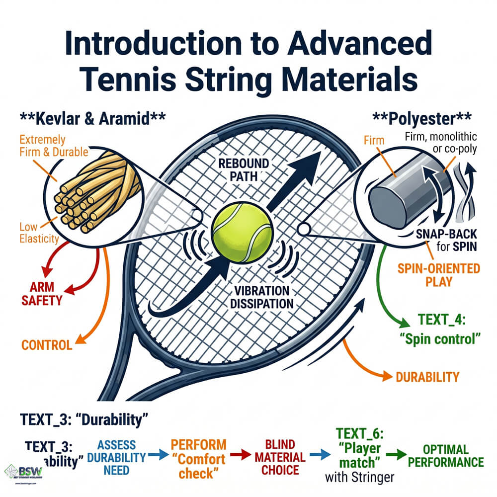 Close-up of a tennis racquet strung with advanced materials like Kevlar and Polyester