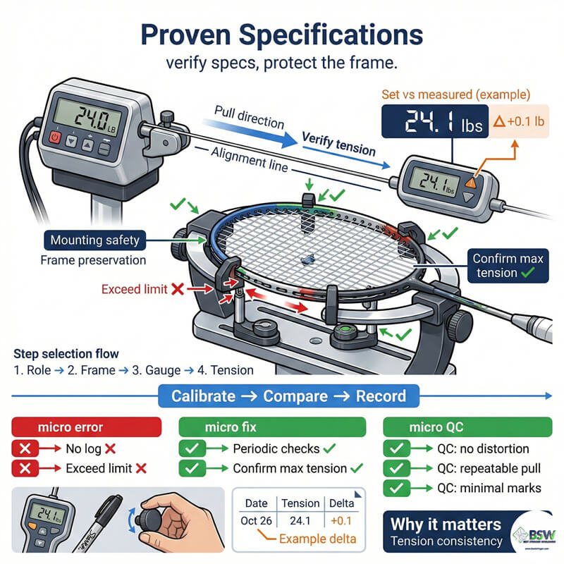 Close up of badminton string gauge sizes and tension simulator tools Close up of badminton string gauge sizes and tension simulator tools
