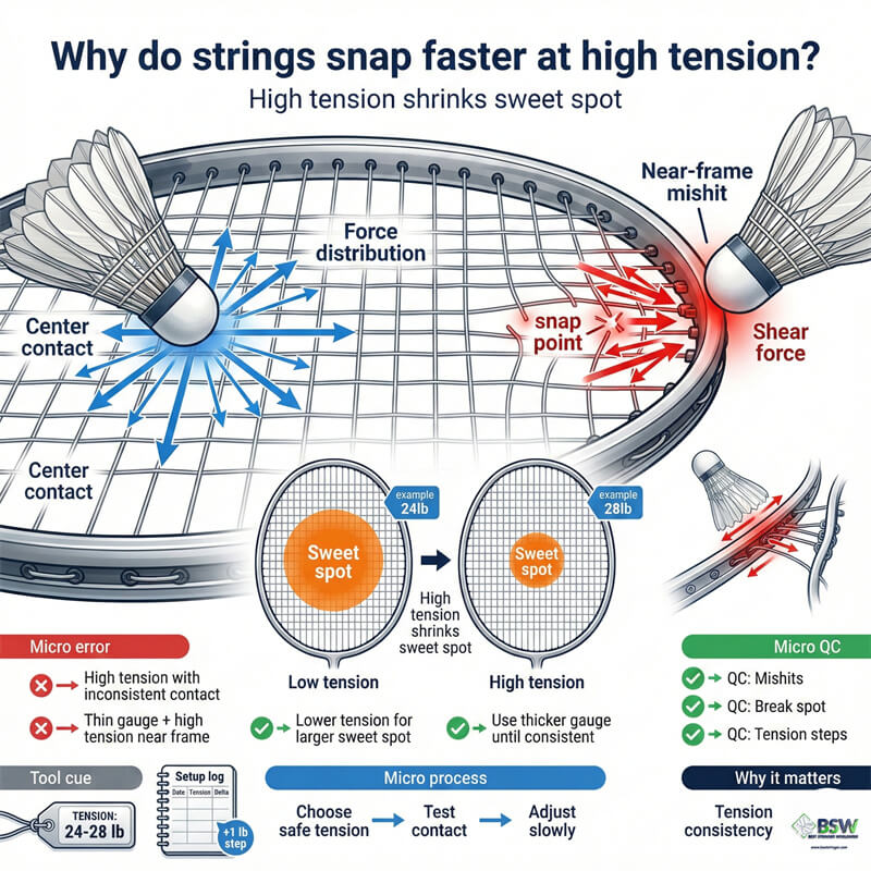Close up of badminton string gauge sizes and tension simulator tools