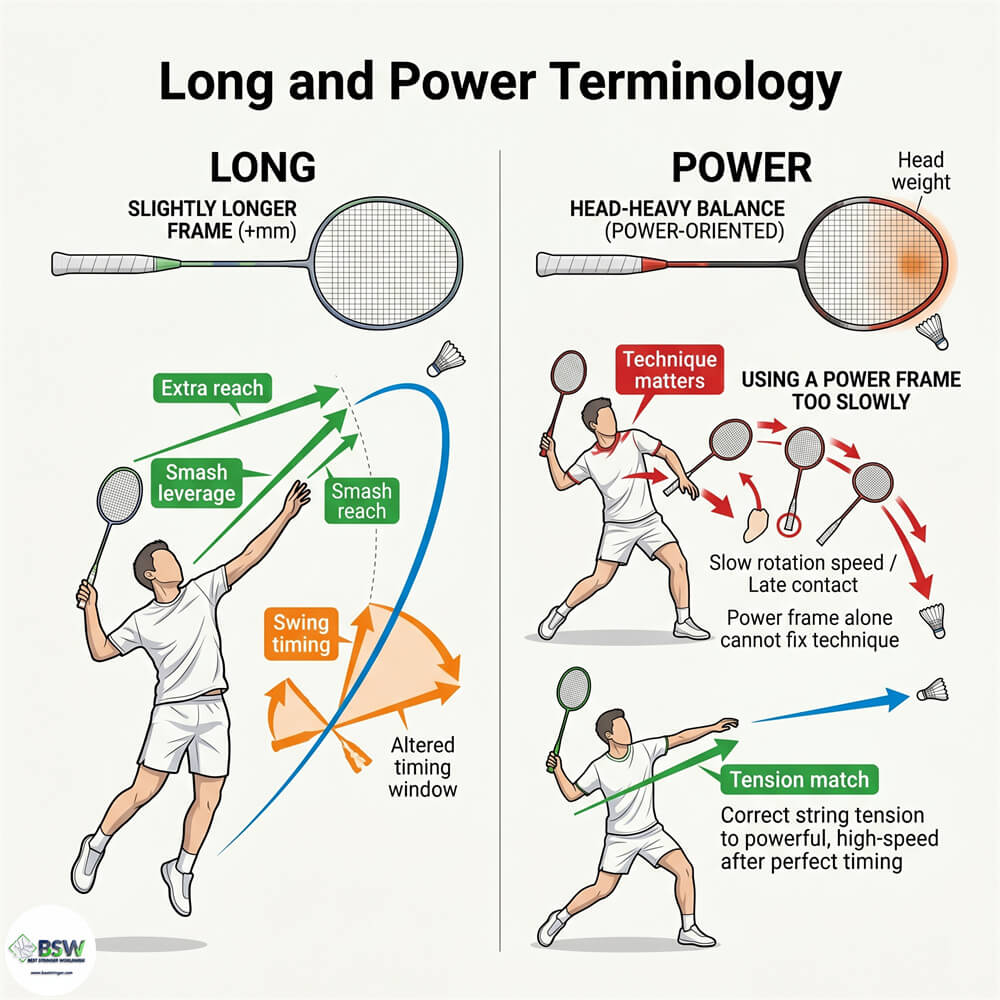 Coach explaining badminton racquet feature terminology and what terms like Long and Power mean in practical play