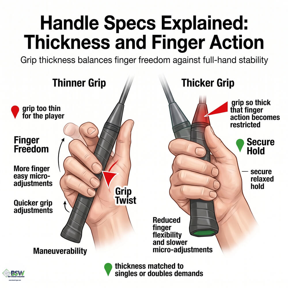 Coach explaining how a badminton racquet grip size affects finger action and control