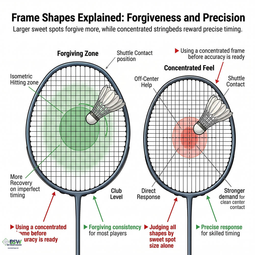 Coach explaining how a badminton racquet's isometric frame shape increases the sweet spot size