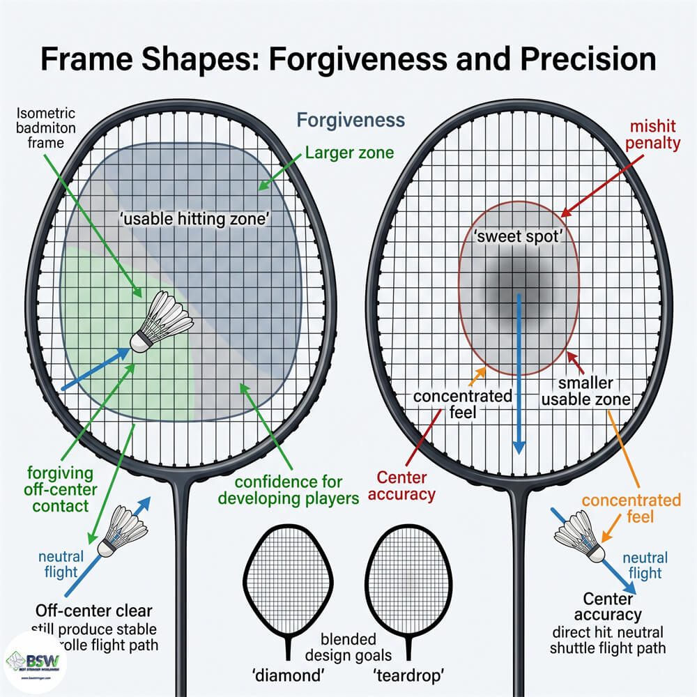 Coach explaining how a badminton racquet's isometric frame shape increases the sweet spot size