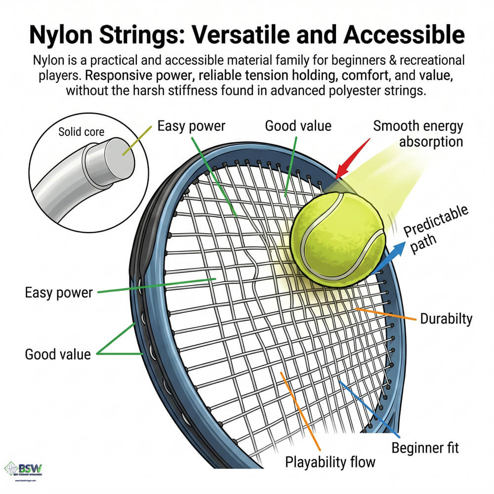 Coach explaining how nylon and synthetic gut tennis strings differ in feel and durability