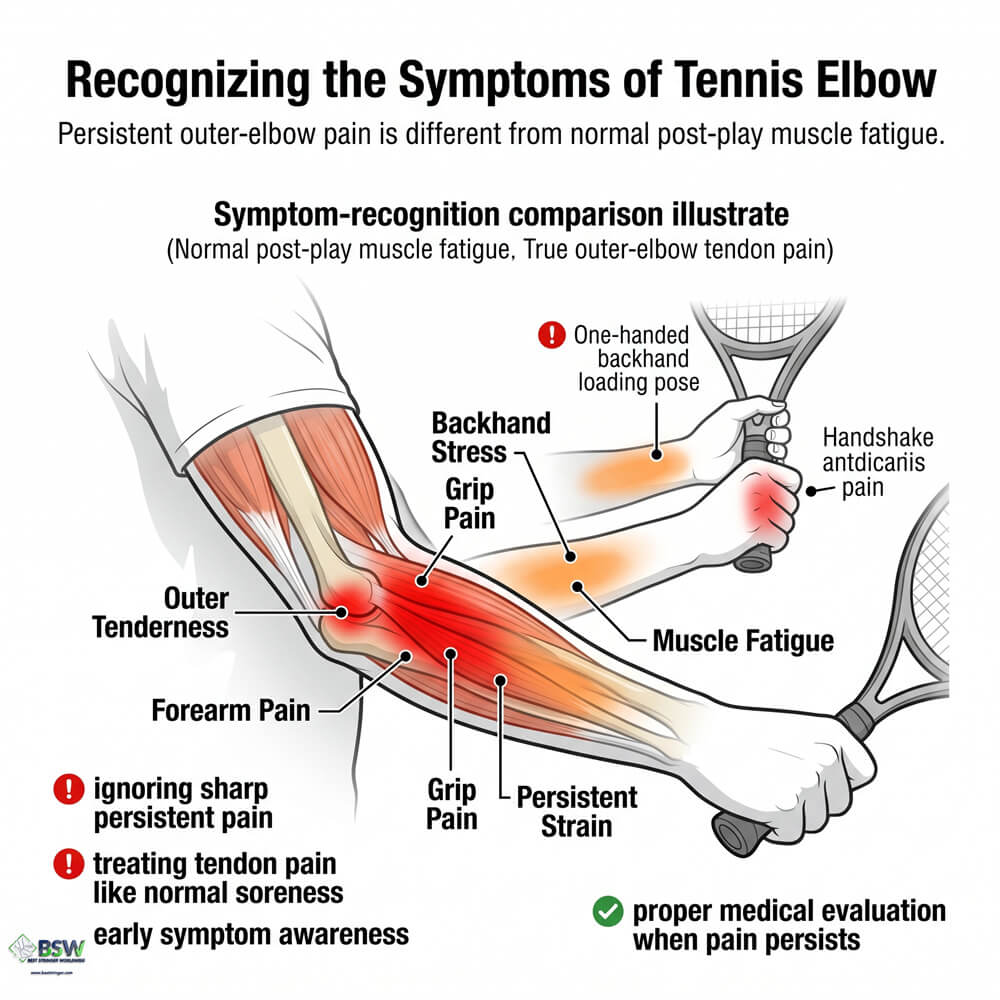 Coach explaining how tennis elbow develops and how racquet setup and string choice can influence comfort