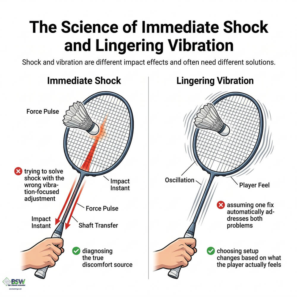 Coach explaining the science of racquet vibration and shock to a badminton player