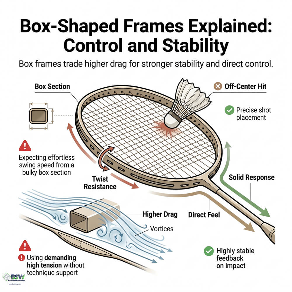 Coach explaining why box-shaped badminton frames usually provide more control and torsional support