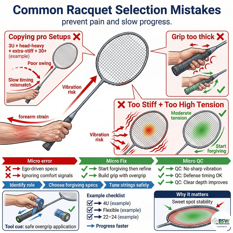 Coach pointing out a broken badminton string due to poor tension choice