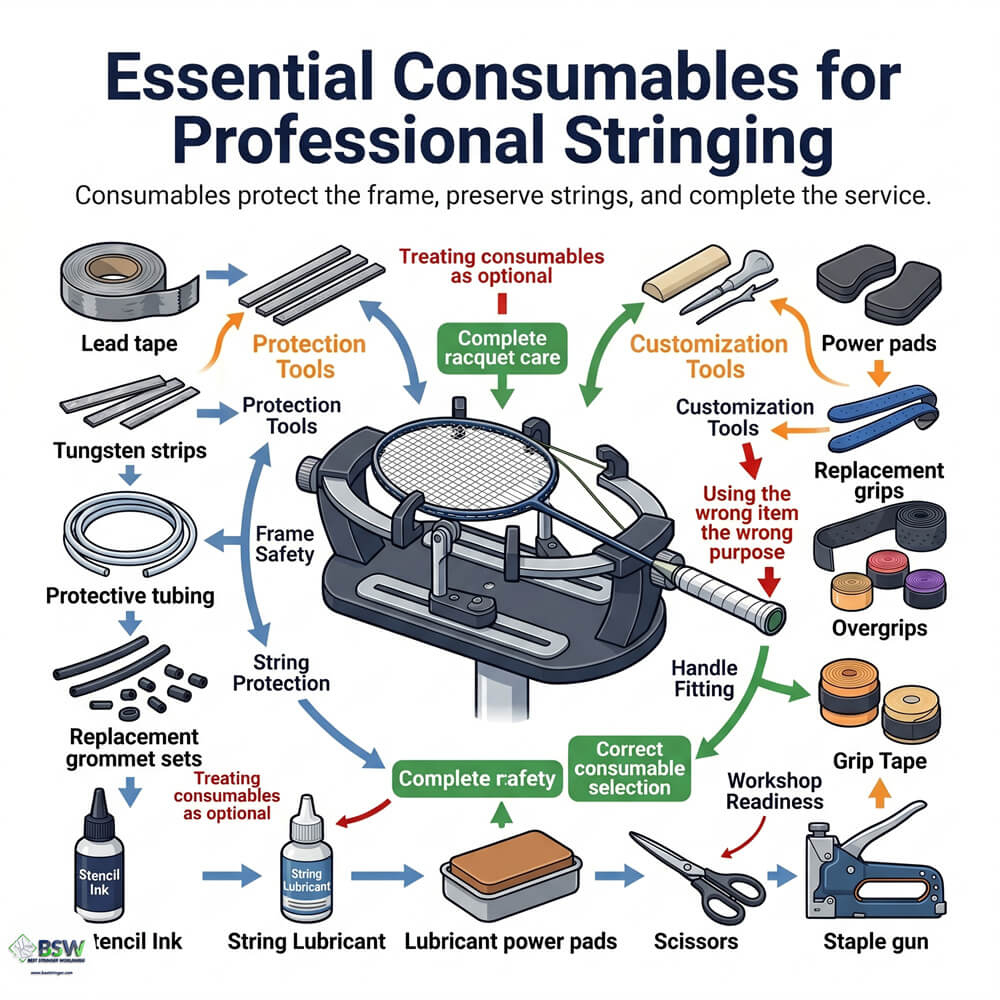 Consumables for professional racquet stringing