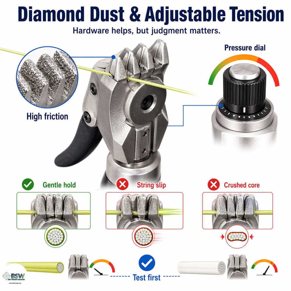 Diamond dust clamp jaws and adjustable clamp tension