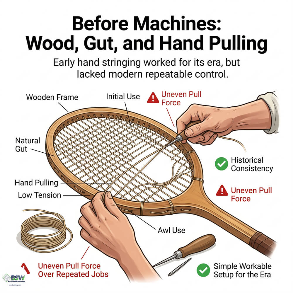 Early manual stringing and the history of drop weight stringing machines