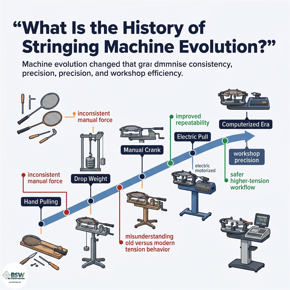 Evolution of stringing machines in racquet stringing, showing modern equipment setup
