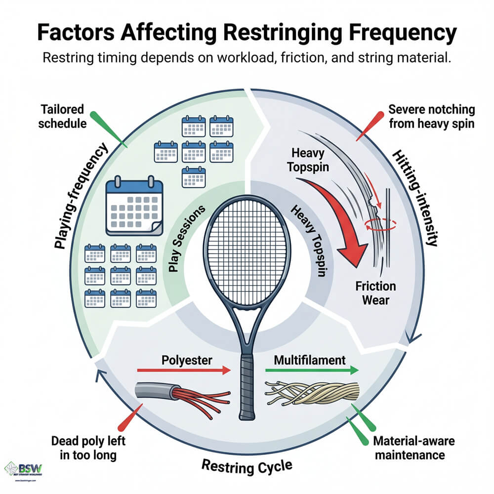 Factors affecting tennis racquet restringing frequency
