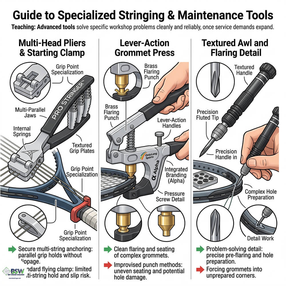 Grommet insertion and stringing support tools