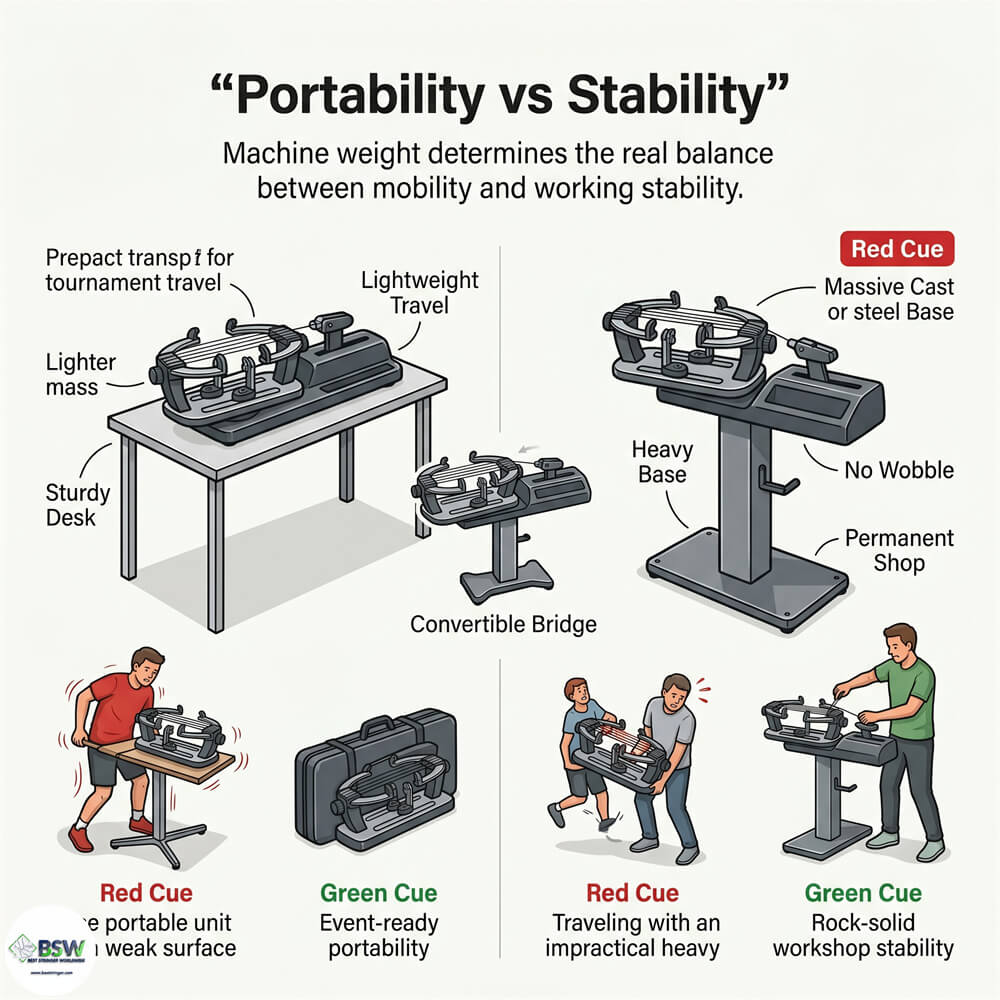 Heavy upright stringing machine for maximum workshop stability
