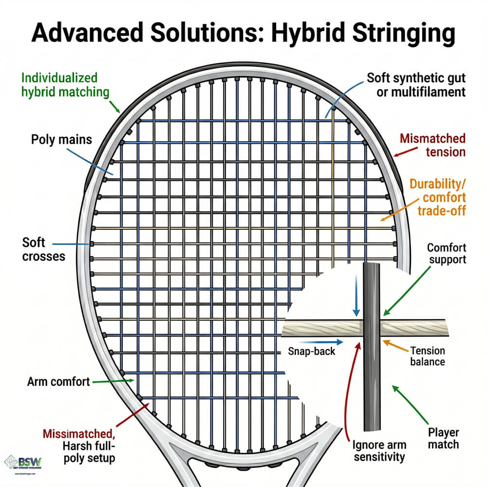 Hybrid tennis stringing combining different materials