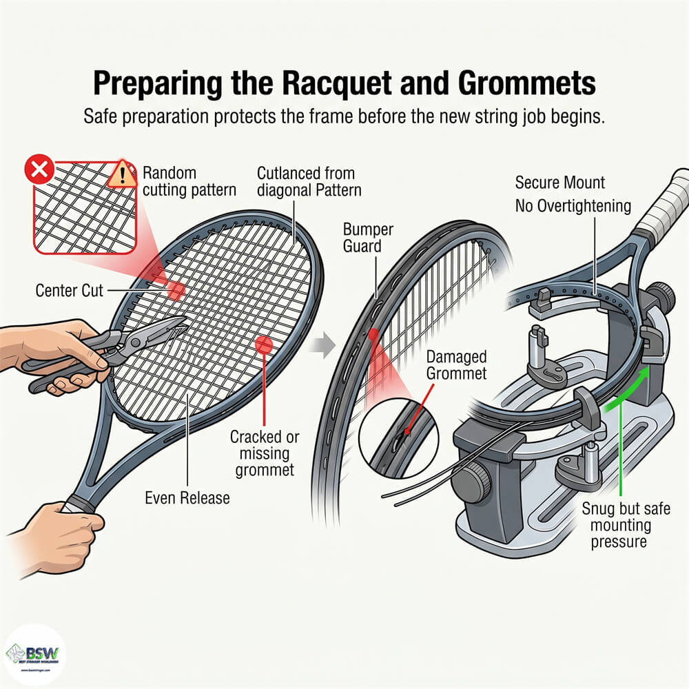 Inspecting the frame and grommets before restringing