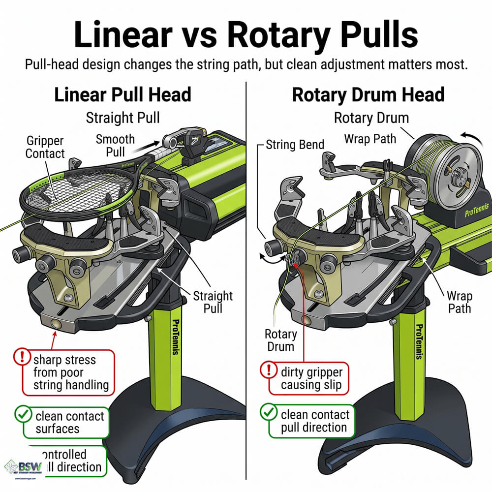 Linear pull and rotary tension head explanation for stringers