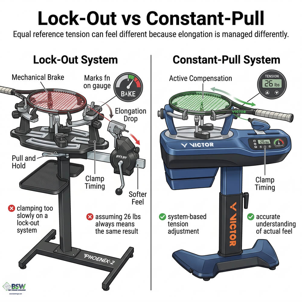 Lock-out vs constant-pull stringing machine comparison for consistency