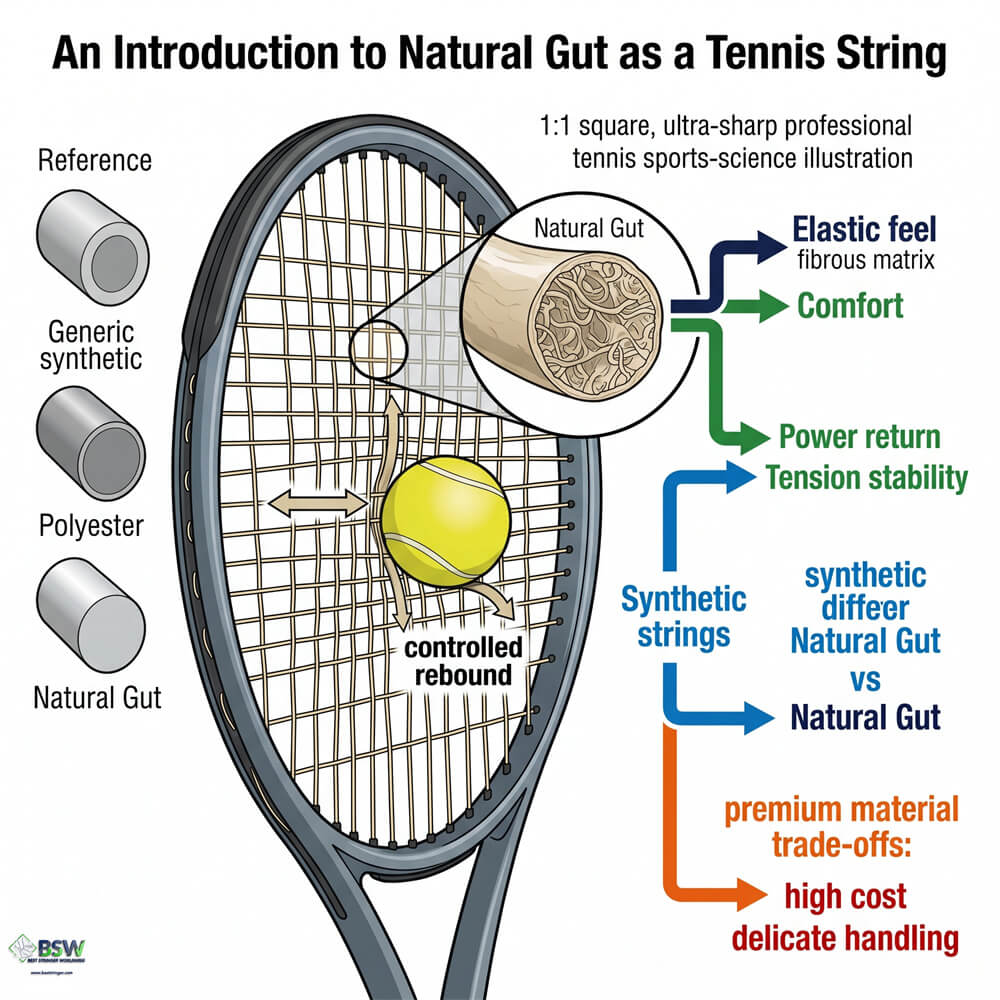 Natural gut tennis strings close-up showing the premium material favored by professionals