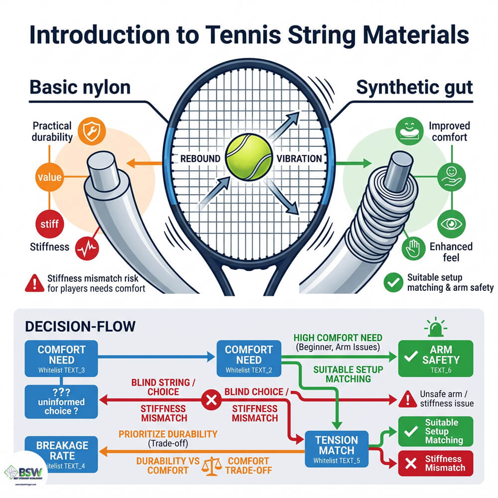 Nylon and synthetic gut tennis string materials guide showing a close-up of a tennis racquet stringbed