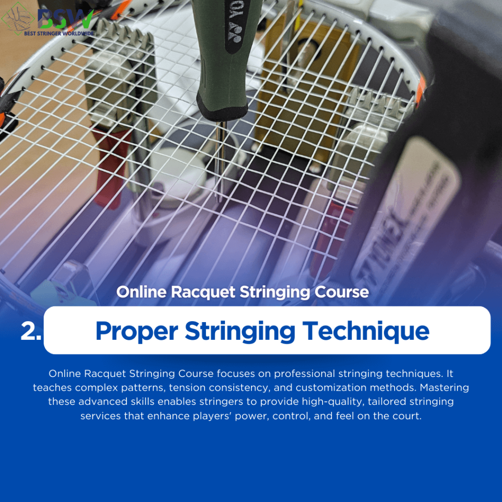 Online Racquet Stringing Course by Best Stringer Worldwide (BSW) Close-up of various string types and tension measurement tools