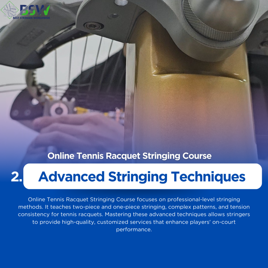 Online Tennis Racquet Stringing Course by Best Stringer Worldwide (BSW) Close-up of various tennis string types and electronic tension measurement tools