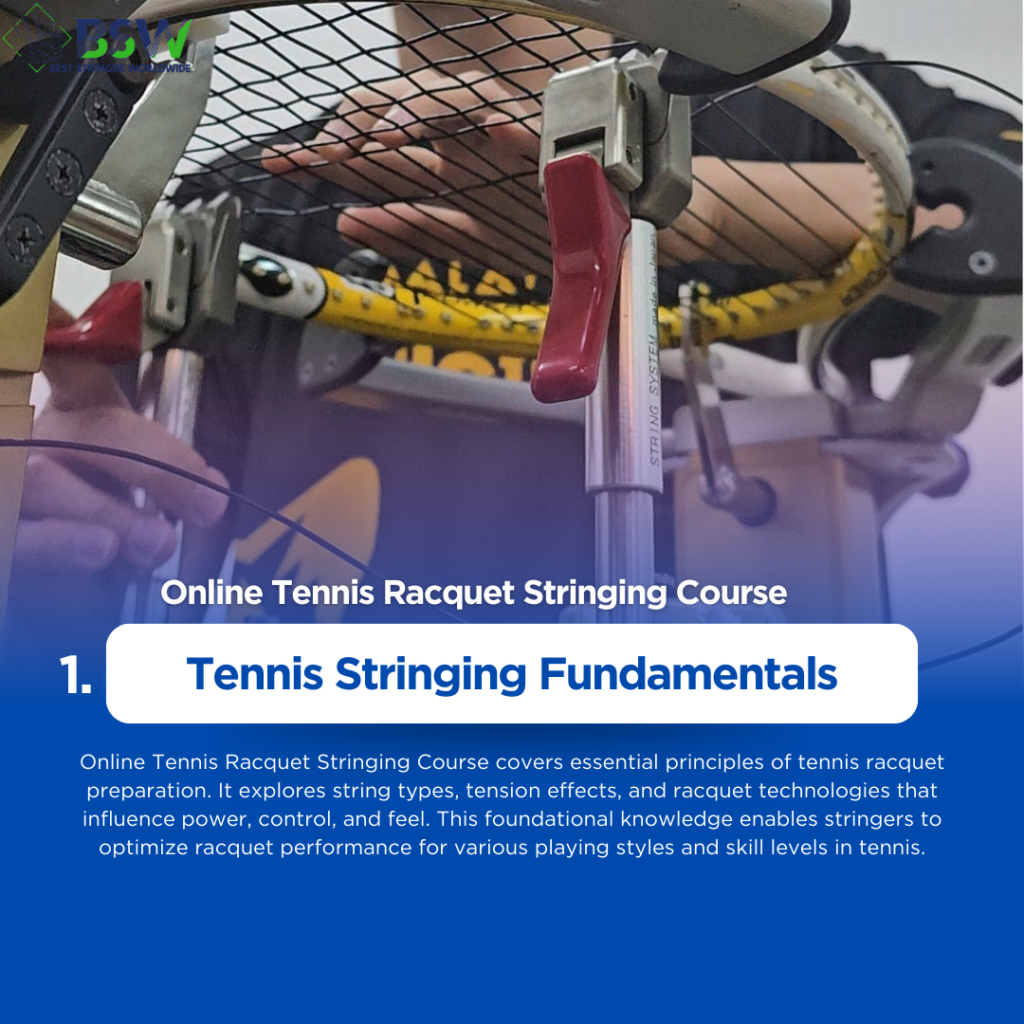 Online Tennis Racquet Stringing Course by Best Stringer Worldwide (BSW) Instructor demonstrating proper tennis racquet stringing technique via video conference